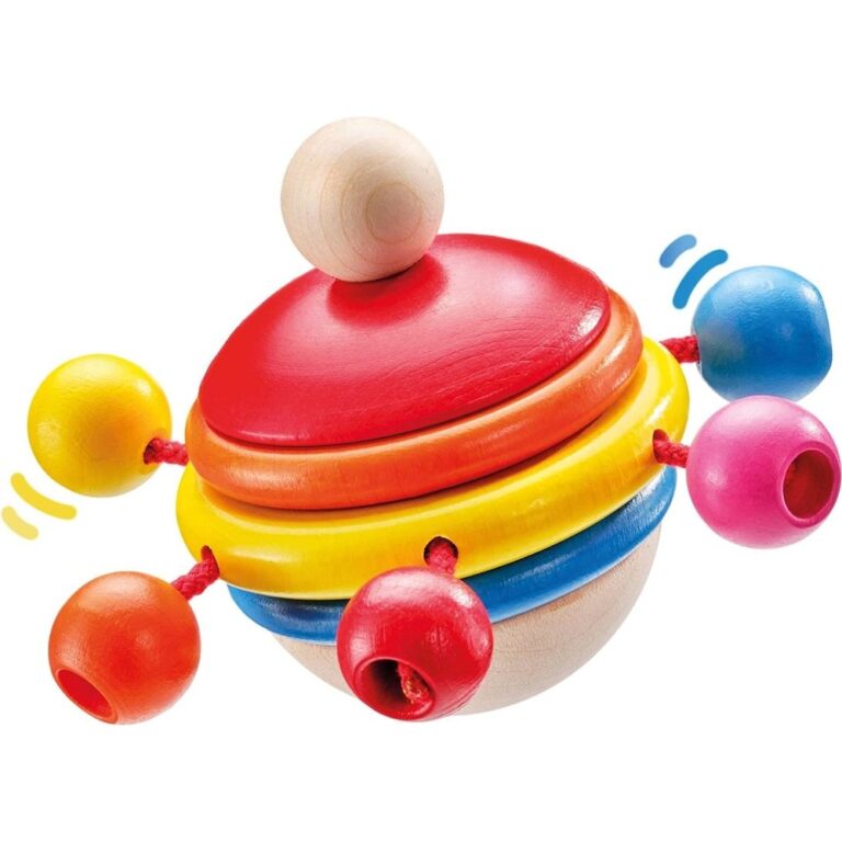 Buntes Holzspielzeug mit Kugeln und roten Seilen zur Förderung der Motorik. Buntes Holzspielzeug mit Kugeln und roten Seilen zur Förderung der Motorik.