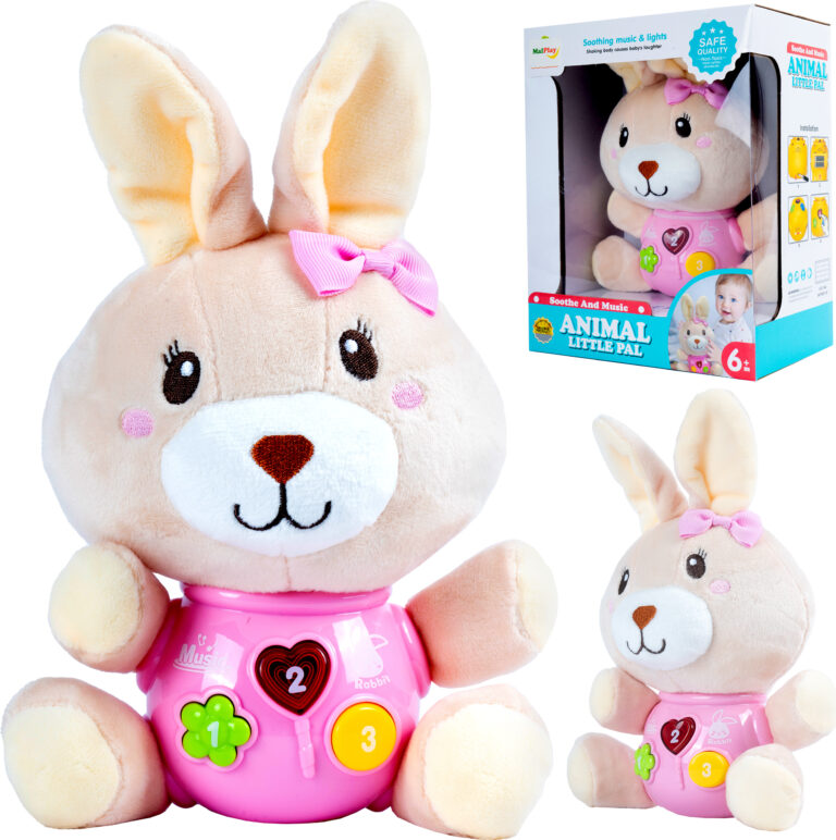 Plüschhase mit rosa Schleife und Knöpfen in Verpackung. Plüschhase mit rosa Schleife und Knöpfen in Verpackung.