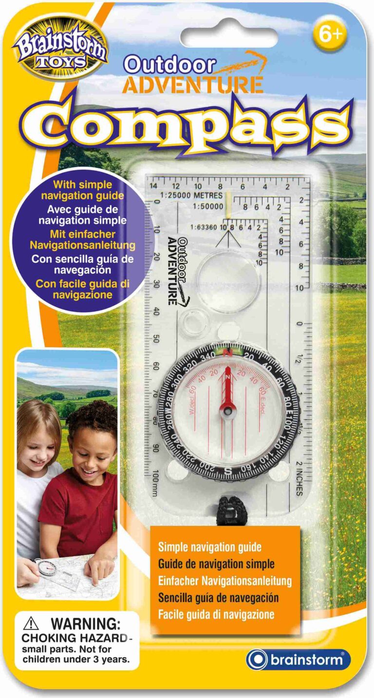 Verpackung eines Outdoor-Abenteuer-Kompasses mit Navigationsanleitung und Warnhinweis. Verpackung eines Outdoor-Abenteuer-Kompasses mit Navigationsanleitung und Warnhinweis.