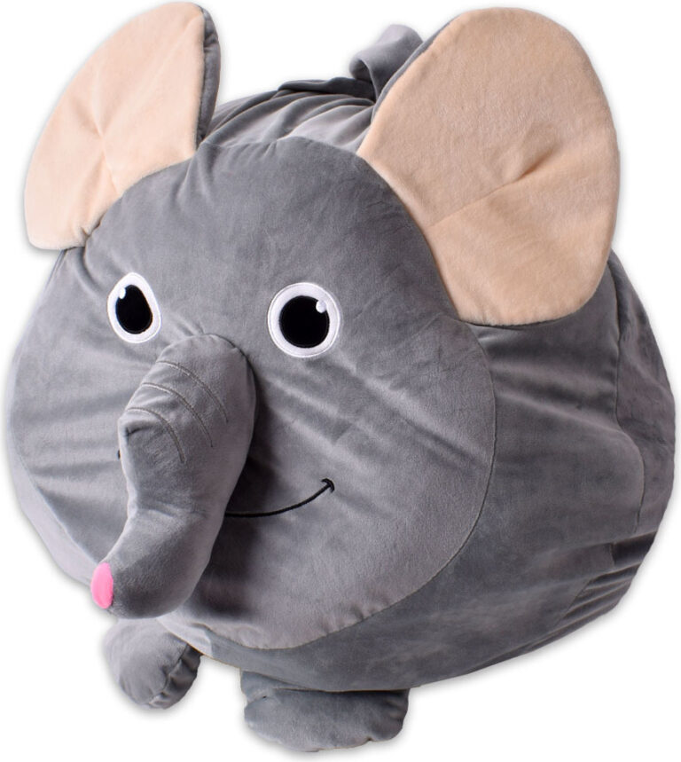 Grauer Elefantensitzsack mit großen Ohren und freundlichem Gesicht auf weißem Hintergrund. Grauer Elefantensitzsack mit großen Ohren und freundlichem Gesicht auf weißem Hintergrund.
