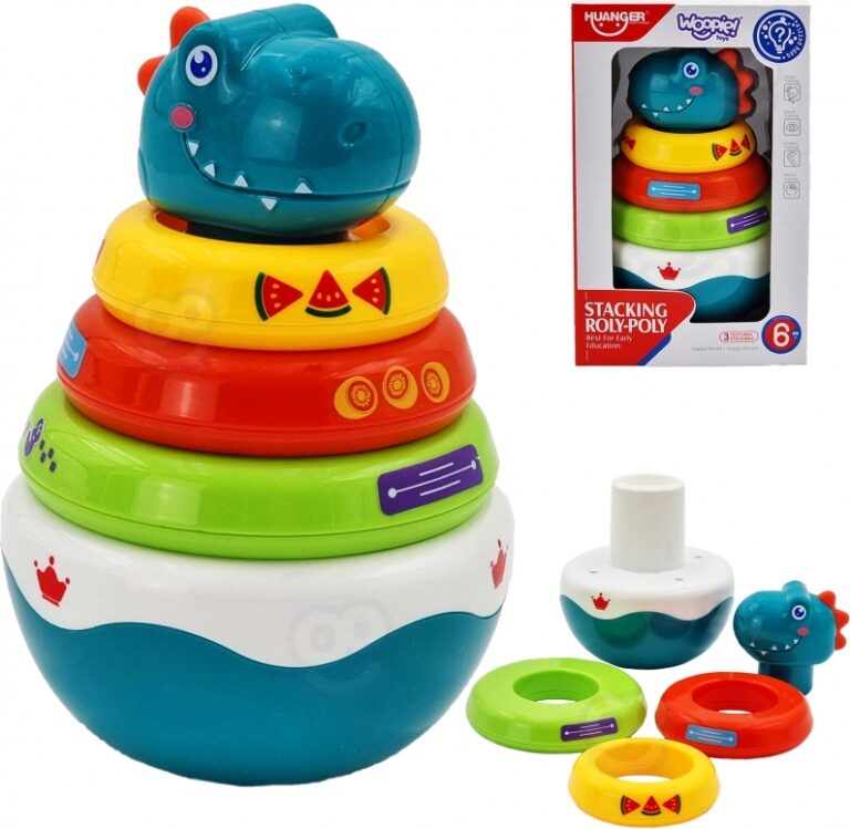 Bunter Stapelturm mit Dinosauriermotiv und Verpackung. Bunter Stapelturm mit Dinosauriermotiv und Verpackung.