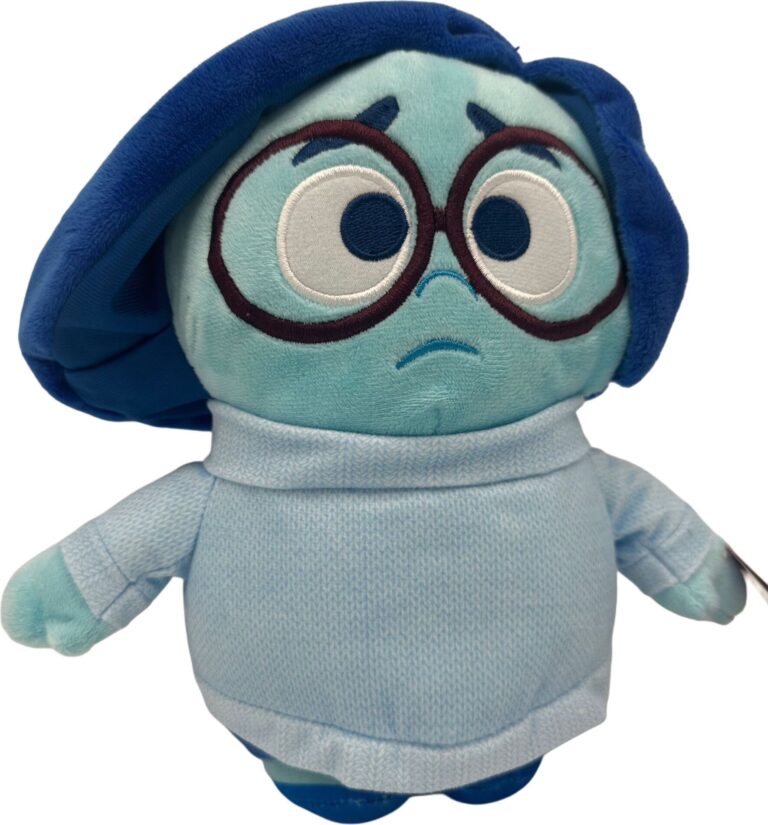 Blaue Plüschfigur mit Brille und melancholischem Ausdruck. Blaue Plüschfigur mit Brille und melancholischem Ausdruck.