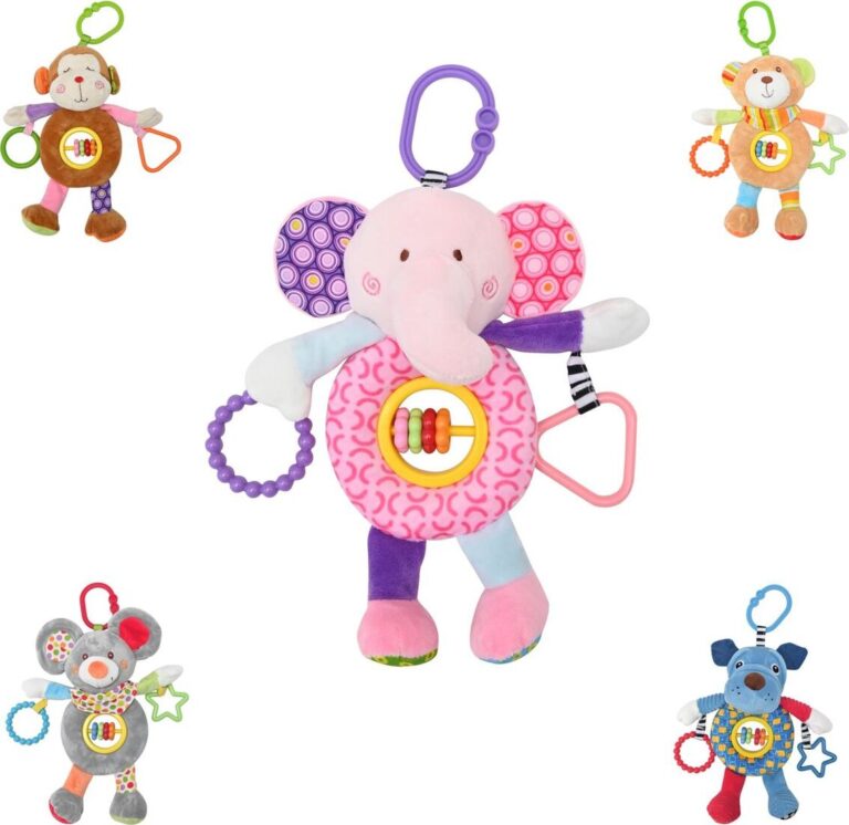 Fünf bunte Plüschtiere mit verschiedenen Tierformen und Greifringen. Fünf bunte Plüschtiere mit verschiedenen Tierformen und Greifringen.